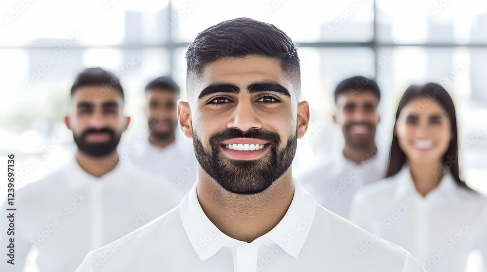 Obraz premium Confident Businessman Leads Diverse Team in Modern Office Environment with Bright Smiles.