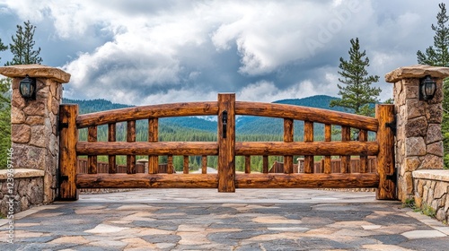 Rustic wooden gate entrance to mountain landscape.
