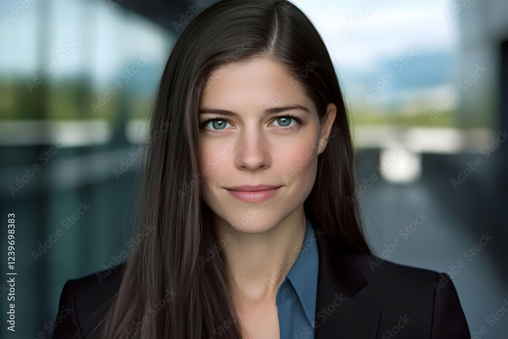 Fototapeta premium Confident Businesswoman Smiles Gently in Blurred Office Background Setting