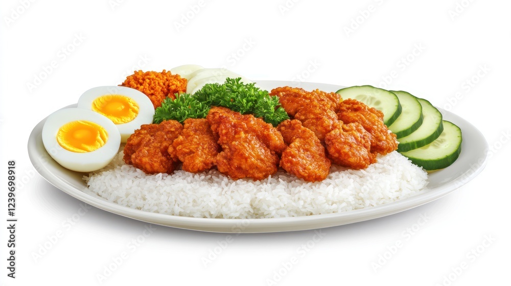 Spicy fried chicken rice dish, studio shot Spicy fried chicken rice dish, studio shot
