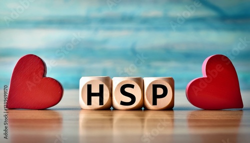 繊細な気質を持った人を意味するHighly Sensitive Personを略したHSPの文字が書かれたキューブブロックと赤いハートのオブジェ。AIで生成
