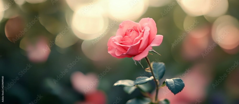 Obraz premium Single Pink Rose in Soft Bokeh Garden - Romantic Spring Bloom