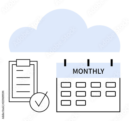 Calendar labeled Monthly with marked days next to a clipboard and checklist. Soft blue cloud above. Ideal for productivity, time management, task planning, organization, cloud storage, scheduling