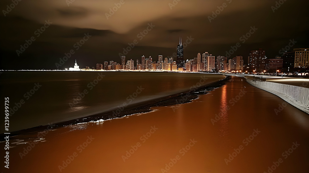 Fototapeta premium Cityscape at Night: Illuminated Buildings Line the Shoreline with Brown Water in Foreground