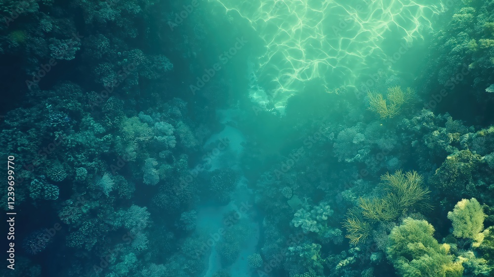 Fototapeta premium Radiant Underwater Coral Reef Scene In Teal And Green Hues