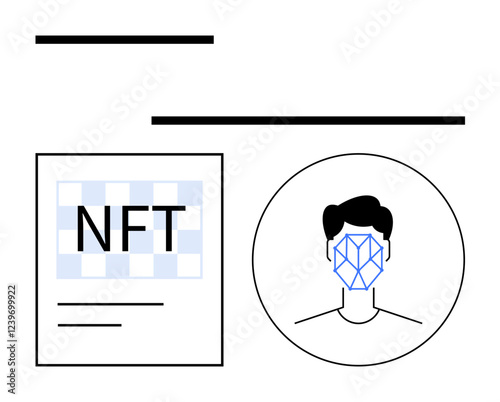 NFT text on a checkered card, outline of human face with geometric facial grid. Ideal for digital ownership, identity verification, blockchain, AI, technology, innovation, abstract line flat metaphor