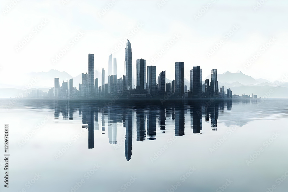 Fototapeta premium Modern Cityscape Reflects in Calm Waters with Misty Mountains in Background