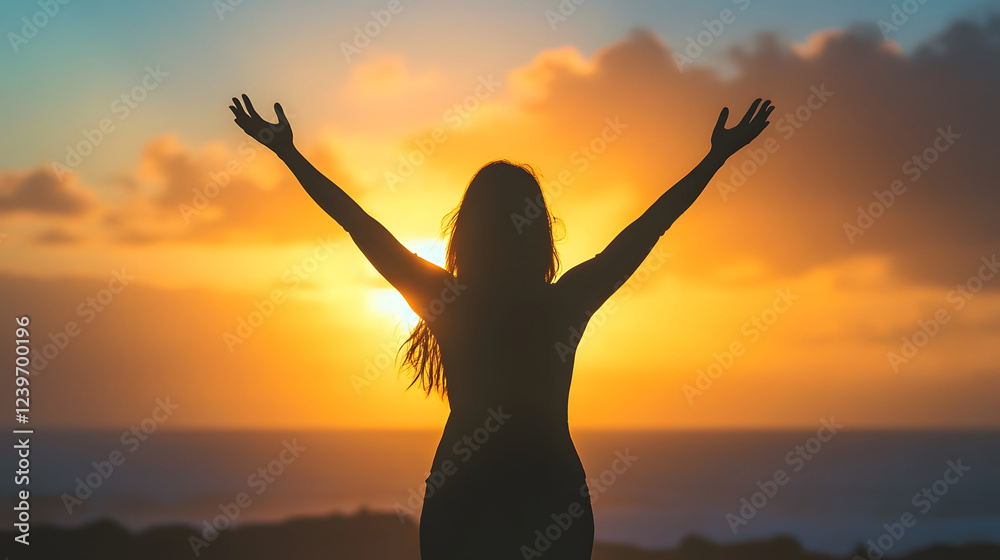 Fototapeta premium silhouette of a woman, with raised hands with a beautiful sunset