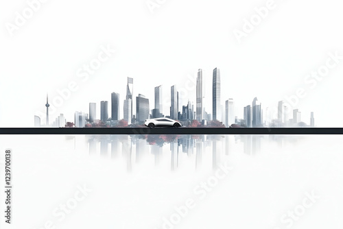 White Car Drives Past City ...