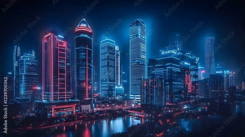Naklejka premium Neon-lit skyscrapers illuminate the night sky, reflecting vibrantly in the river below, creating a mesmerizing urban dreamscape.