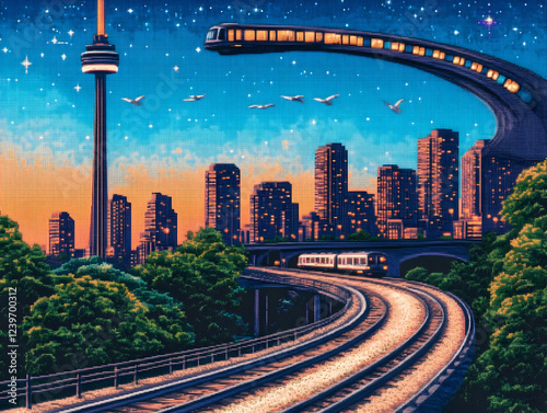 Pixel Art Cityscape Showcases Elevated Train Tracks, Tower, and Sunset with Birds Soaring Gracefully photo