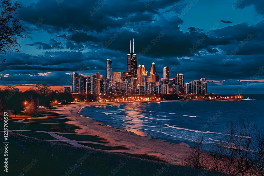 Fototapeta premium Cityscape at Night Illuminates the Coastline under Moody Clouds Dramatically