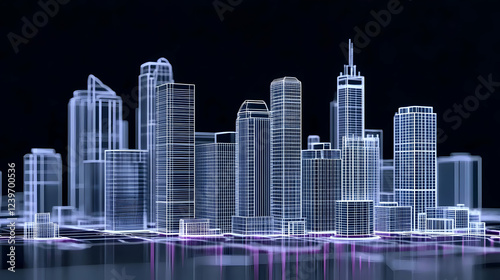 Futuristic Cityscape Illustration Shows Glowing Buildings at Night with Reflective Surface
