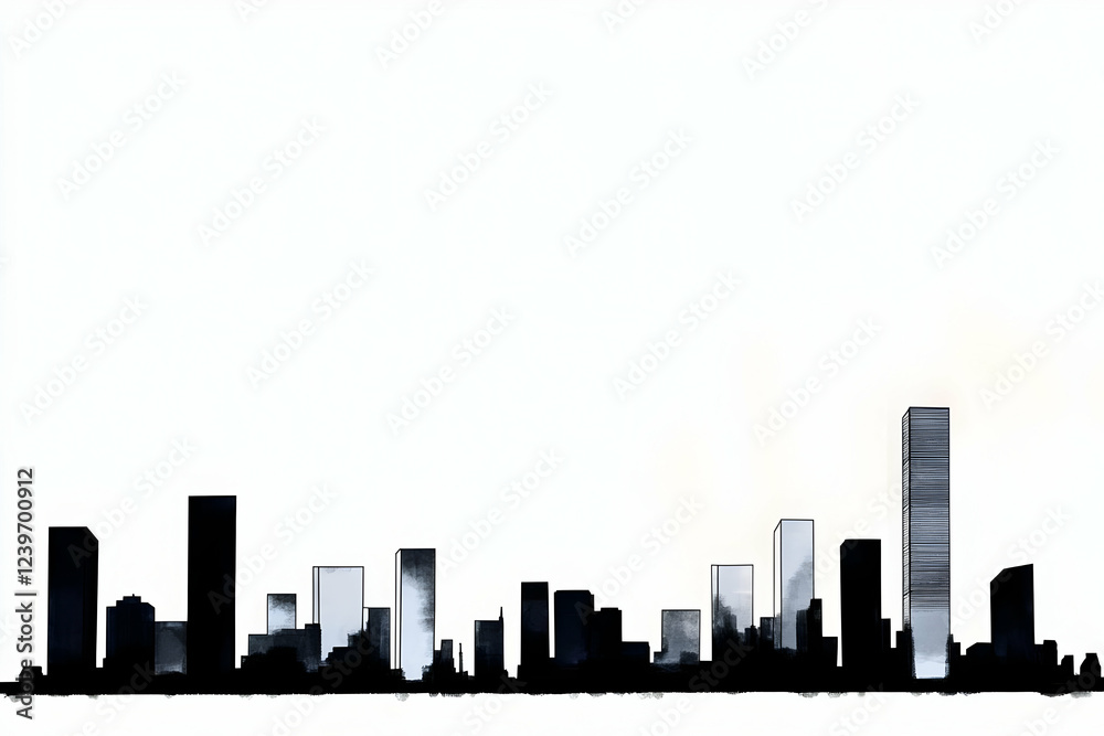Naklejka premium Modern Cityscape Silhouette with a Touch of Watercolor Effect Creates a Minimalist Urban Scene