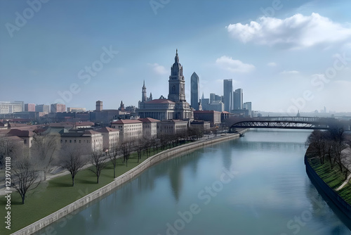 Cityscape with River, Build...