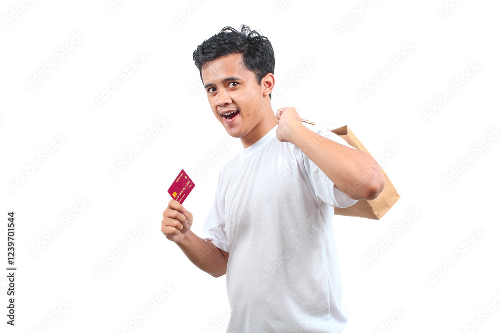 portrait of asian man wearing white t-shirt carrying his shopping bag and credit card isolated on white background portrait of asian man wearing white t-shirt carrying his shopping bag and credit card isolated on white background