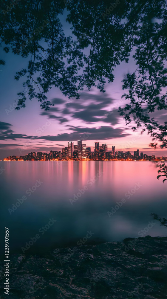 Cityscape Reflects in Calm Water at Sunset with Dreamy Purple Sky and Silhouetted Trees Cityscape Reflects in Calm Water at Sunset with Dreamy Purple Sky and Silhouetted Trees