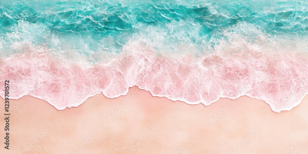 Fototapeta premium Pink Sands Beach and Turquoise Ocean: Aerial View of Serene Coastal Paradise