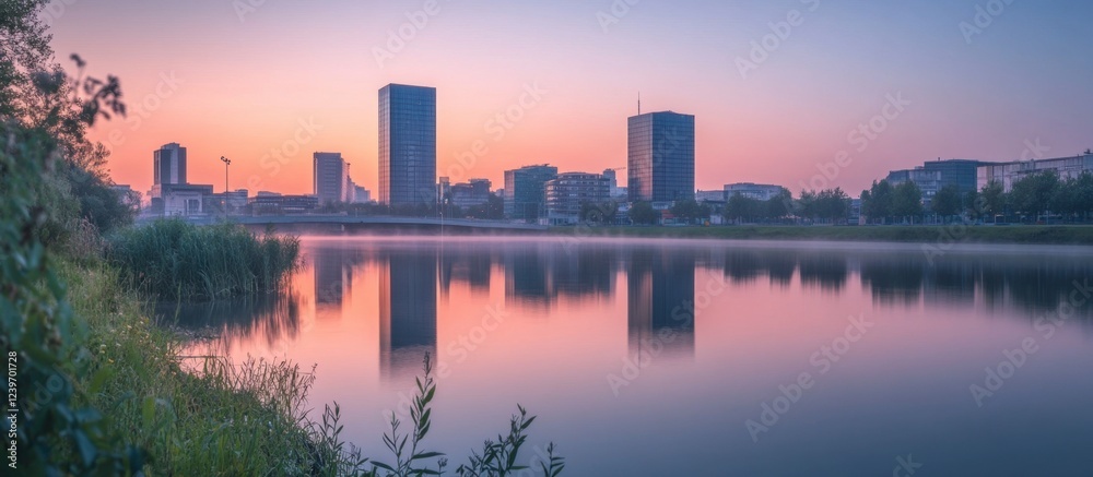 Obraz premium Serene Sunrise Cityscape Reflection, Calm Waters, Misty Morning, Modern Architecture, Urban Panorama