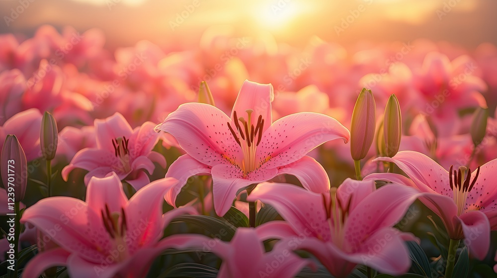Fototapeta premium Ethereal Pink Lilies Blooming in Soft Golden Morning Light Romantic Floral Photography Botanical Aesthetic Imagery Macro Nature Photography Ethereal Pink Lilies Blooming