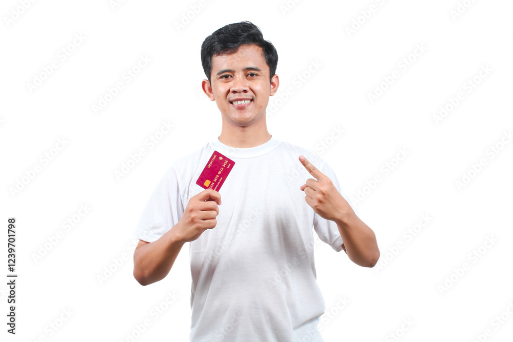 Asian man wearing white t-shirt holding and showing two credit card, isolated on white background