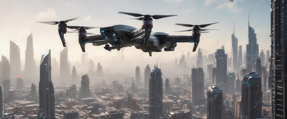 © Kachaphot - Cybernetic drone hovering above a futuristic city, city, cybernetic, townscape © Kachaphot - Cybernetic drone hovering above a futuristic city, city, cybernetic, townscape