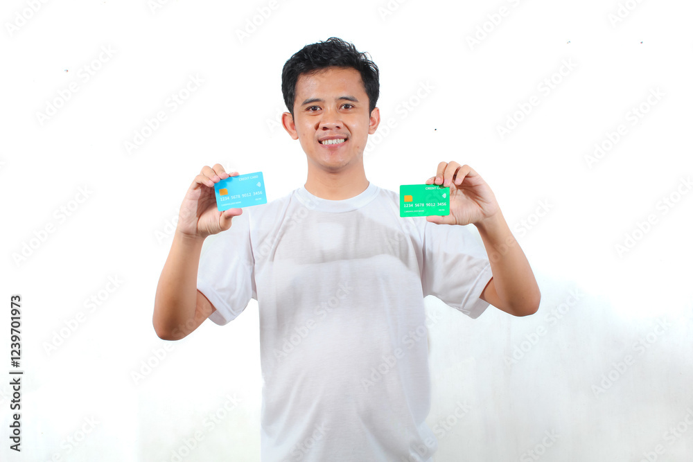 Asian man wearing white t-shirt holding credit card isolated on white background.business,finance,economy concept Asian man wearing white t-shirt holding credit card isolated on white background.business,finance,economy concept
