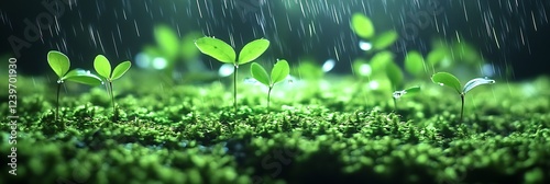 New Life Sprouting in Wet Green Environment with Raindrops : Generative AI photo