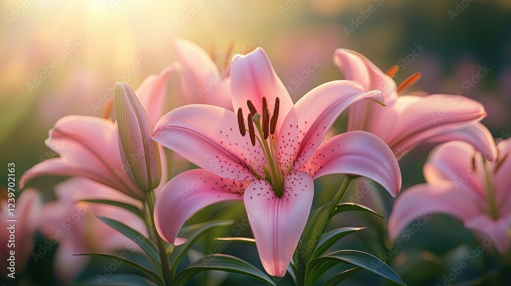 Fototapeta premium Ethereal Pink Lilies Blooming in Soft Golden Morning Light Romantic Floral Photography Botanical Aesthetic Imagery Macro Nature Photography Ethereal Pink Lilies Blooming