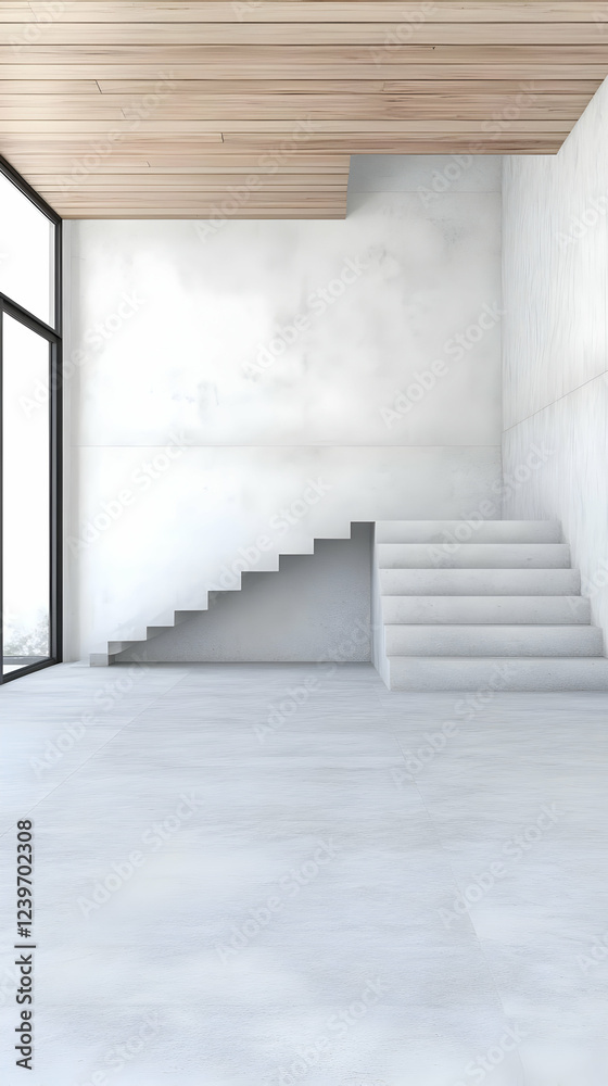 Fototapeta premium Modern Minimalist Interior with White Stairs, Marble Walls, and Wood Ceiling in a Bright Room
