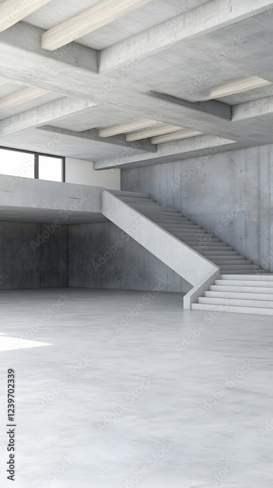 Obraz premium Modern Interior Features Concrete Staircase in a Spacious Room with High Ceiling and Wooden Beams