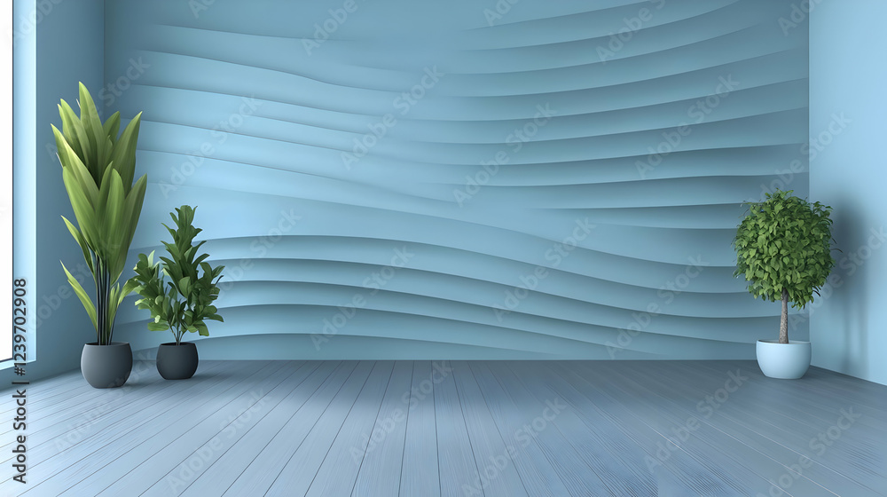Fototapeta premium Empty Room with Blue Wavy Wall and Plants Accents Gracefully Complements the Wooden Floor.