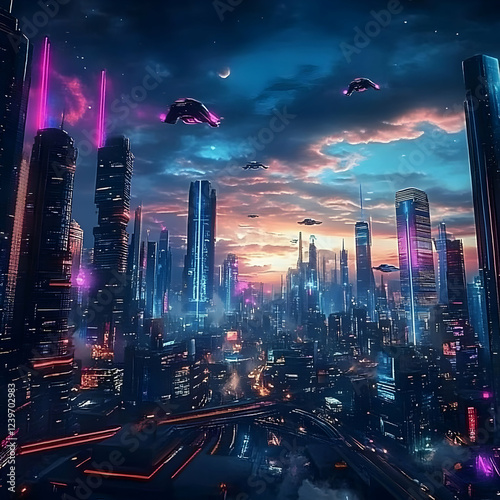 Futuristic Cityscape at Sun...