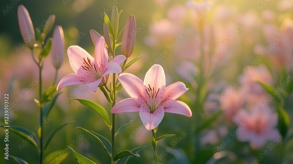 Fototapeta premium Ethereal Pink Lilies Blooming in Soft Golden Morning Light Romantic Floral Photography Botanical Aesthetic Imagery Macro Nature Photography Ethereal Pink Lilies Blooming