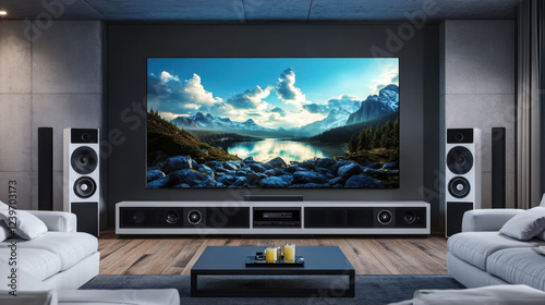 Obraz na płótnie Modern living room with large flat-screen television, surround sound speakers, and luxurious white sofas by minimalist coffee table w salonie
