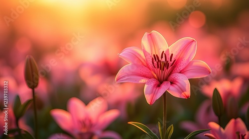 Ethereal Pink Lilies Blooming in Soft Golden Morning Light Romantic Floral Photography Botanical Aesthetic Imagery Macro Nature Photography Ethereal Pink Lilies Blooming