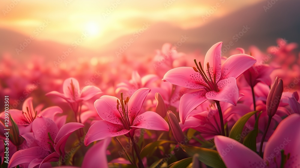 Fototapeta premium Ethereal Pink Lilies Blooming in Soft Golden Morning Light Romantic Floral Photography Botanical Aesthetic Imagery Macro Nature Photography Ethereal Pink Lilies Blooming