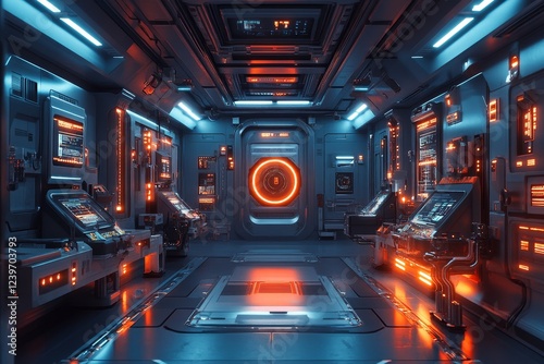 Futuristic spaceship corridor; control room; orange and blue lighting; sci-fi background; game design