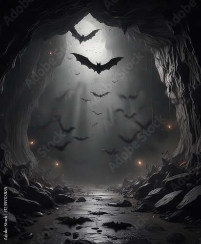 Dark cave with flying bats on Halloween night,  haunted,  cave,  spooky