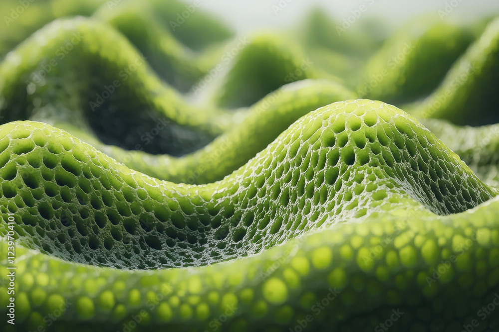 Obraz premium Organic wavy green surface with intricate cellular-like textures in macro detail.