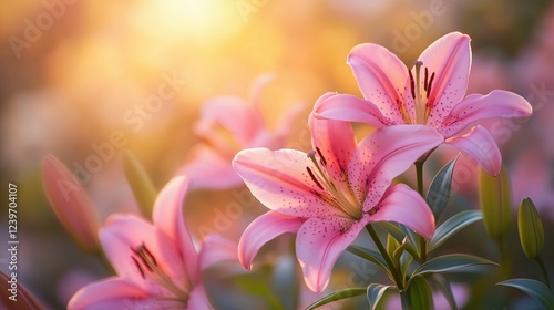 Ethereal Pink Lilies Blooming in Soft Golden Morning Light Romantic Floral Photography Botanical Aesthetic Imagery Macro Nature Photography Ethereal Pink Lilies Blooming