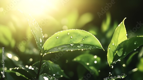 Vibrant Green Tea Leaves with Dewdrops Glistening Under Soft Light : Generative AI photo