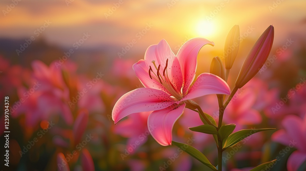 Obraz premium Ethereal Pink Lilies Blooming in Soft Golden Morning Light Romantic Floral Photography Botanical Aesthetic Imagery Macro Nature Photography Ethereal Pink Lilies Blooming