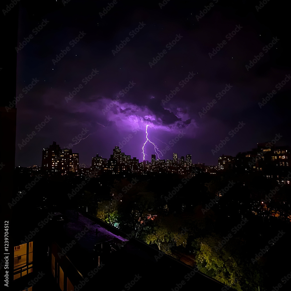 Fototapeta premium Lightning strikes illuminate the cityscape during a dramatic nighttime thunderstorm.