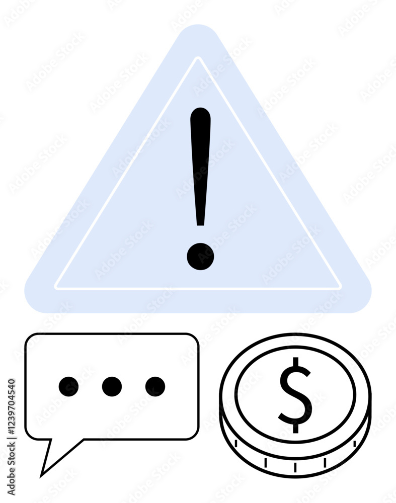 Exclamation inside triangle, dollar coin, speech bubble with ellipsis. Ideal for financial risk, alerts, decision-making, budgeting, communication, fintech abstract line flat metaphor Exclamation inside triangle, dollar coin, speech bubble with ellipsis. Ideal for financial risk, alerts, decision-making, budgeting, communication, fintech abstract line flat metaphor