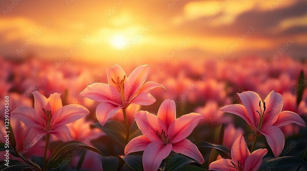 Obraz premium Ethereal Pink Lilies Blooming in Soft Golden Morning Light Romantic Floral Photography Botanical Aesthetic Imagery Macro Nature Photography Ethereal Pink Lilies Blooming