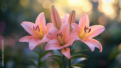 Ethereal Pink Lilies Blooming in Soft Golden Morning Light Romantic Floral Photography Botanical Aesthetic Imagery Macro Nature Photography Ethereal Pink Lilies Blooming
