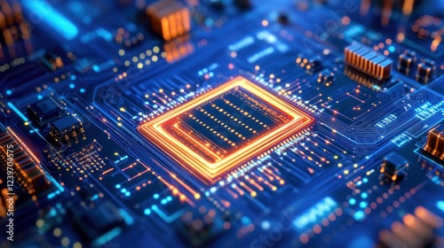 Intricate Circuit Board Design with Glowing Central Processor and Blue Lines