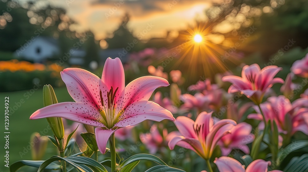 Fototapeta premium Ethereal Pink Lilies Blooming in Soft Golden Morning Light Romantic Floral Photography Botanical Aesthetic Imagery Macro Nature Photography Ethereal Pink Lilies Blooming
