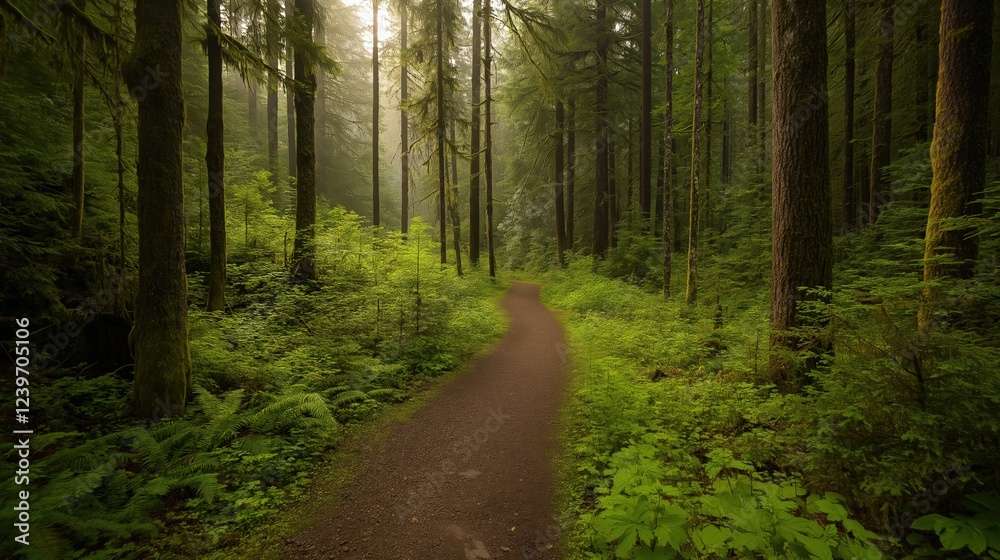 Fototapeta premium Sunlit Forest Path Lush Green Foliage and Nature Scene